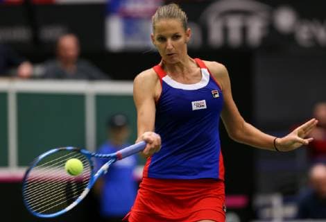 Karolina Pliskova of the Czech Republic in action during the match against Romanian tennis player Simona Halep during the Fed Cup World Group, 1st Round, between Czech Republic and Romania, in Ostrava, Czech Republic, on February 10, 2019. (CTKxPhoto VladimirxPrycek) CTKPhotoP201902100400401  PRY 12
