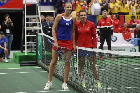 Romanian tennis player Simona Halep (right) and Karolina Pliskova of the Czech Republic pose for photographers prior to the Fed Cup World Group, 1st Round, between Czech Republic and Romania, in Ostrava, Czech Republic, on February 10, 2019. (CTKxPhoto PetrxSznapka) CTKPhotoP201902100372601  SZN 22