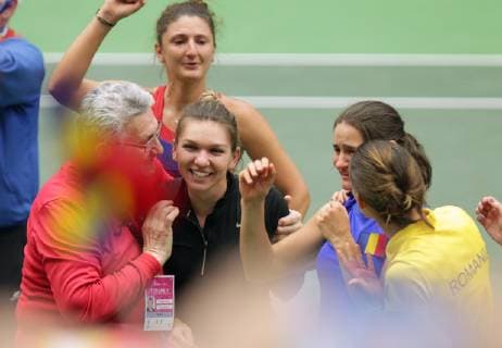 Romanian tennis player Simona Halep (centre) celerates a victory after the the Fed Cup World Group, 1st Round, between Czech Republic and Romania, in Ostrava, Czech Republic, on February 10, 2019. (CTKxPhoto PetrxSznapka) CTKPhotoP201902100699101  SZN 68