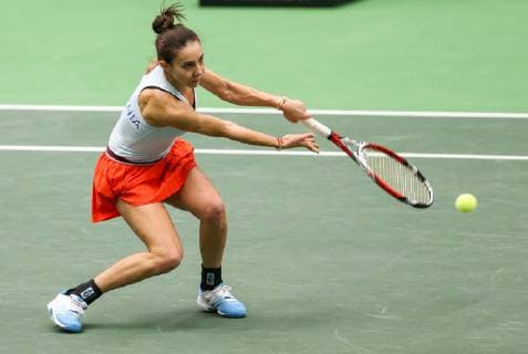 Romanian tennis player MIHAELA BUZARNESCU in action during the match against KATERINA SINIAKOVA of the Czech Republic during the Fed Cup World Group, 1st Round, between Czech Republic and Romania, in Ostrava, Czech Republic, on February 10, 2019. (CTKxPhoto VladimirxPrycek) CTKPhotoP201902100485901  PRY 29
