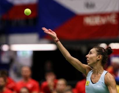 Romanian tennis player MIHAELA BUZARNESCU in action during the match against KATERINA SINIAKOVA of the Czech Republic during the Fed Cup World Group, 1st Round, between Czech Republic and Romania, in Ostrava, Czech Republic, on February 10, 2019. (CTKxPhoto VladimirxPrycek) CTKPhotoP201902100538201  PRY 37