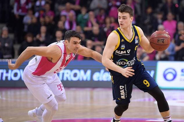 Bonn Telekom Dome 10 02 2019 Berlins Jonas Mattisseck right in duel with Bonns Anthony DiLeo in match of easyCredit Basketball Bundesliga season 2018 19 between Telekom Baskets Bonn vs. ALBA BERLIN on Sunday 10 February 2019 at Telekom Dome Bonn