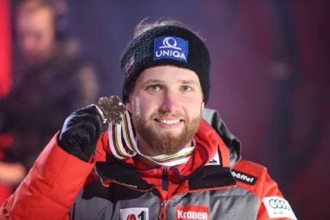 ALPINE SKIING - FIS Ski WC Are ARE,SWEDEN,11.FEB.19 - ALPINE SKIING - FIS Alpine World Ski Championships, alpine combined, men, award ceremony. Image shows Marco Schwarz (AUT). Keywords: medal. GEPAxpictures xMarioxKneisl