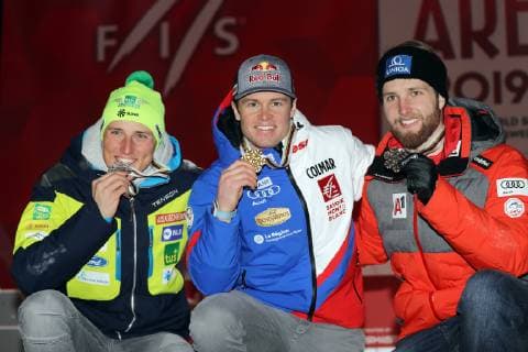 FIS Alpine World Championships 2019 Super combination of men The winners in the super combination from left Stefan Hadalin SLO Alexis Pinturault FRA Victor Muffat Jeandet FRA Are Sweden WM track