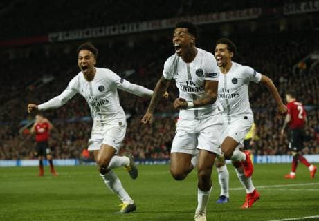 Presnel Kimpembe of PSG celebrates scoring the first goal during the UEFA Champions League Round of 16 First Leg match at the Old Trafford Stadium, Manchester. Picture date: 12th February 2019. Picture credit should read: Andrew Yates Sportimage EDITORIAL USE ONLY. No use with unauthorised audio, video, data, fixture lists, club league logos or live services. Online in-match use limited to 120 images, no video emulation. No use in betting, games or single club league player publications. _AY13811.JPG