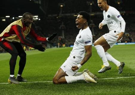 Presnel Kimpembe of PSG celebrates scoring the first goal during the UEFA Champions League Round of 16 First Leg match at the Old Trafford Stadium, Manchester. Picture date: 12th February 2019. Picture credit should read: Andrew Yates Sportimage EDITORIAL USE ONLY. No use with unauthorised audio, video, data, fixture lists, club league logos or live services. Online in-match use limited to 120 images, no video emulation. No use in betting, games or single club league player publications. SPI_060_AY_MANU_PSG.jpg