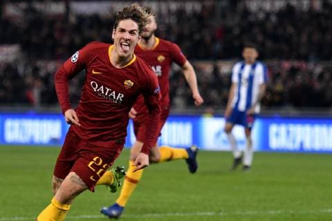 Nicolo Zaniolo of AS Roma celebrates scoring goal of 1-0 Roma 12-2-2019 Stadio Olimpico Football Champions League 2018 2019 round of 16 1st leg AS Roma - Porto Foto Andrea Staccioli Insidefoto andreaxstaccioli