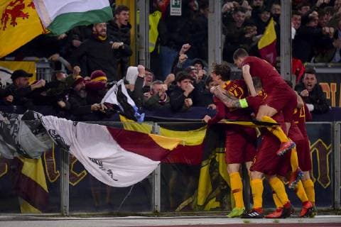 Photo Fabio Rossi AS Roma LaPresse 12 02 2019 Rome (Italy) Soccer Roma-Porto Champions League 2018 2019 - Olimpic Stadium In the pic: Nicol& xf2; Zaniolo celebrate his goal with teammate  Copyright: xFabioxRossi ASxRoma LaPresse LaPx