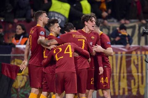 Photo Fabio Rossi AS Roma LaPresse 12 02 2019 Rome (Italy) Soccer Roma-Porto Champions League 2018 2019 - Olimpic Stadium In the pic: Nicol& xf2; Zaniolo celebrate his goal with teammate  Copyright: xFabioxRossi ASxRoma LaPresse LaPx