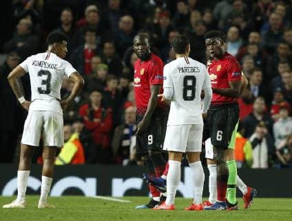 Paul Pogba of Manchester United ManU argues about his red card to Leandro Paredas of PSG during the UEFA Champions League Round of 16 First Leg match at the Old Trafford Stadium, Manchester. Picture date: 12th February 2019. Picture credit should read: Andrew Yates Sportimage EDITORIAL USE ONLY. No use with unauthorised audio, video, data, fixture lists, club league logos or live services. Online in-match use limited to 120 images, no video emulation. No use in betting, games or single club league player publications. _AY20946.JPG