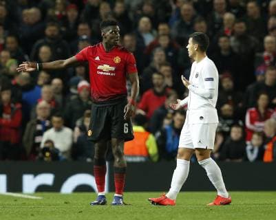 Paul Pogba of Manchester United ManU protests his innocence during the UEFA Champions League Round of 16 First Leg match at the Old Trafford Stadium, Manchester. Picture date: 12th February 2019. Picture credit should read: Andrew Yates Sportimage EDITORIAL USE ONLY. No use with unauthorised audio, video, data, fixture lists, club league logos or live services. Online in-match use limited to 120 images, no video emulation. No use in betting, games or single club league player publications. _AY20954.JPG