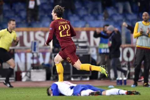 February 12, 2019 - Rome, Rome, Italy - Nicol Zaniolo of AS Roma celebrates scoring first goal during the UEFA Champions League round of 16 match between AS Roma and FC Porto at Stadio Olimpico, Rome, Italy on 12 February 2019. AS Roma v FC Porto.UEFA Champions League.12 02 2019.  - ZUMAn230 20190212_zaa_n230_451 Copyright: xGiuseppexMaffiax