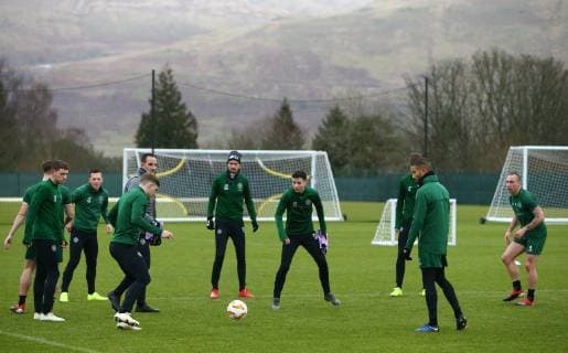 13th February 2019, Lennoxtown Training Centre, Glasgow, Scotland; Celtic Training session ahead of their Europa League tie against Valencia on 14th February; Celtic players warming up during their training session  ActionPlus12105038 VagelisxGeorgariou