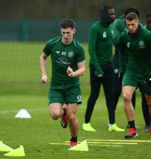 13th February 2019, Lennoxtown Training Centre, Glasgow, Scotland; Celtic Training session ahead of their Europa League tie against Valencia on 14th February; Kieran Tierney of Celtic is put through his paces after coming back from injury  ActionPlus12105058 VagelisxGeorgariou