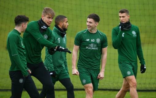 13th February 2019, Lennoxtown Training Centre, Glasgow, Scotland; Celtic Training session ahead of their Europa League tie against Valencia on 14th February; Kris Ajer of Celtic jokes with his team mates Kieran Tierney Mikey Johnston Jeremy Toljan and Jozo Simunovic of Celtic  ActionPlus12105054 VagelisxGeorgariou