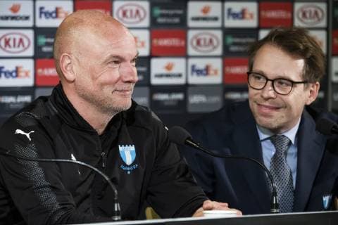 190213 Uwe Rösler head coach of Malmö FF and Peter Ahlander head of communication during a press conference ahead of the Europa League match between Malmö FF and Chelsea on February 13 2019 in Malmö Photo Ludvig Thunman BILDBYRAN kod LT 35599,  Copyright: LUDVIGxTHUNMAN BB190213LT011