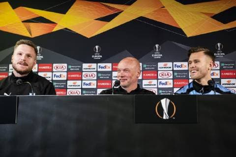 190213 Lasse Nielsen head coach Uwe Rösler and Arnor Traustason of Malmö FF during a press conference ahead of the Europa League match between Malmö FF and Chelsea on February 13 2019 in Malmö Photo Ludvig Thunman picture board code LT 35599,  Copyright: LUDVIGxTHUNMAN BB190213LT018
