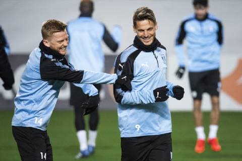 190213 Rasmus Bengtsson and Markus Rosenberg of Malmö FF during a training session ahead of the Europa League match between Malmö FF and Chelsea on February 13 2019 in Malmö Photo Ludvig Thunman BILDBYRAN code LT 35599,  Copyright: LUDVIGxTHUNMAN BB190213LT026