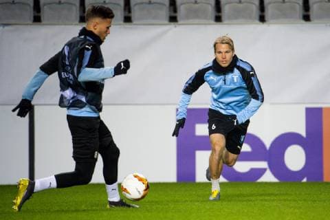 190213 Arnor Traustason and Oscar Lewicki of Malmö FF during a training session ahead of the Europa League match between Malmö FF and Chelsea on February 13 2019 in Malmö Photo Ludvig Thunman BILDBYR u0081N kod LT 35599,  Copyright: LUDVIGxTHUNMAN BB190213LT049