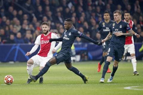 AMSTERDAM, Ajax - Real Madrid, football, Champions League Season 2018 2019, 13-02-2019, Johan Cruijff Arena. Real Madrid player Casemiro (R) and Ajax player Lasse Schone (L) during the game Ajax - Real Madrid. Ajax - Real Madrid  x2820429x