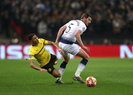 13th February 2019, Wembley Stadium, London England; UEFA Champions League football, Tottenham Hotspur versus Borussia Dortmund; Jan Vertonghen of Tottenham Hotspur tackles Achraf Hakimi of Borussia Dortmund and secures the ball  ActionPlus12105169 JohnxPatrickxFletcher