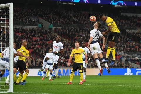 Tottenham Hotspur v Borussia Dortmund UEFA Champions League Dan-Axel Zagadou of Borussia Dortmund heads on goal during the UEFA Champions League match at Wembley Stadium, London Content Not Available For UK Newspapers Copyright: xMartynxHaworthx FIL-12886-0026