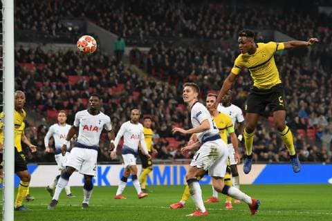 Tottenham Hotspur v Borussia Dortmund UEFA Champions League Dan-Axel Zagadou of Borussia Dortmund heads on goal during the UEFA Champions League match at Wembley Stadium, London Content Not Available For UK Newspapers Copyright: xMartynxHaworthx FIL-12886-0028