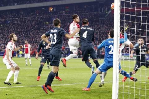 AMSTERDAM, Ajax - Real Madrid, football, Champions League Season 2018 2019, 13-02-2019, Johan Cruijff Arena. Ajax goalkeeper Nicolas Tagliafico (C) scores 1-0 (VAR decides 0-0 later) and Real Madrid goalkeeper Thibaut Courtois (R) cannot safe during the game Ajax - Real Madrid. Ajax - Real Madrid  x2820785x