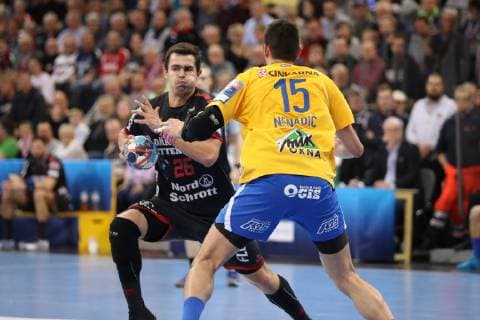SG Flensburg Handewitt vs. RK Celje Pivovarna Lasko Handball EHF Champions League Group stage 13 02 19 Rasmus Lauge Schmidt SG Flensburg Handewitt 25 vs. Drasko Nenadic RK Celje Pivovarna Lasko 15 xmmkx