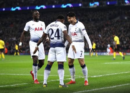 13th February 2019, Wembley Stadium, London England; UEFA Champions League football, Tottenham Hotspur versus Borussia Dortmund; Son Heung-Min of Tottenham Hotspur celebrates scoring his sides 1st goal in the 46th minute to make it 1-0 with Serge Aurier and Moussa Sissoko of Tottenham Hotspur  ActionPlus12105199 JohnxPatrickxFletcher