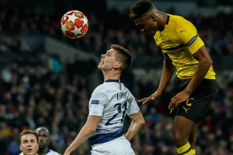 England London 13 02 2019 UEFA Champions League 2018 19 Season Round of 16 First leg Tottenham Hotspur FC BV Borussia Dortmund Juan Foyth TFC and Dan Axel Zagadou BVB in the duel DeFodi048