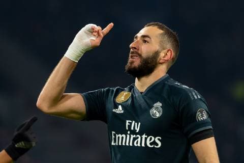 Amsterdam Netherlands 13 02 2019 UEFA Champions League 2018 19 Season Quarter Final Ajax Amsterdam Real Madrid Karim Benzema Real Madrid cheers for his goal to 0 1 DeFodi001