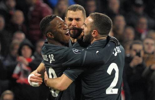Amsterdam The Netherlands 13th February 2019. Champions League AFC Ajax Amsterdam vs Real Madrid. Karim Benzema scores the 0-1. 