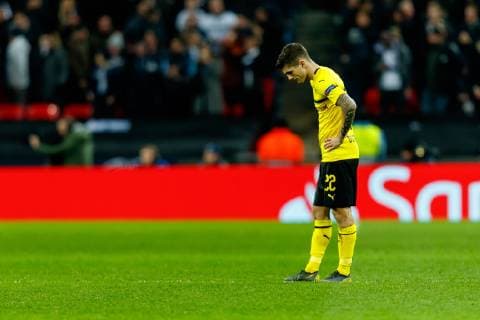 England London 13 02 2019 UEFA Champions League 2018 19 Season Round of 16 First leg Tottenham Hotspur FC BV Borussia Dortmund Christian Pulisic BVB disappointed after conceding goal to 1 0 DeFodi048