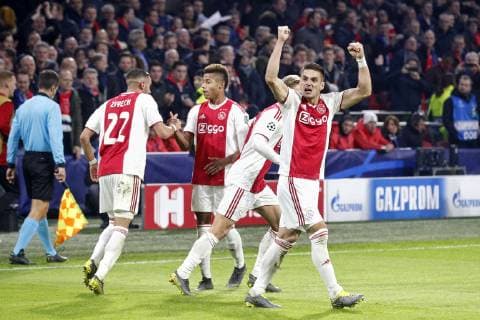 AMSTERDAM, Ajax - Real Madrid, football, Champions League Season 2018 2019, 13-02-2019, Johan Cruijff Arena. Ajax player Dusan Tadic (R) celebrating the 1-1 during the game Ajax - Real Madrid. Ajax - Real Madrid  x2820860x