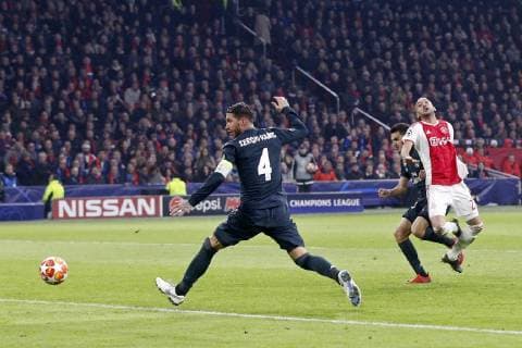 AMSTERDAM, Ajax - Real Madrid, football, Champions League Season 2018 2019, 13-02-2019, Johan Cruijff Arena. Ajax player Hakim Ziyech scores 1-1 during the game Ajax - Real Madrid. Ajax - Real Madrid  x2820862x