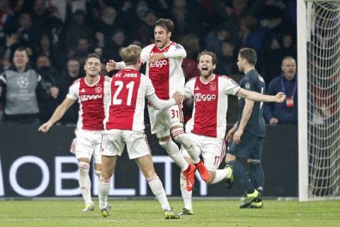 AMSTERDAM, Ajax - Real Madrid, football, Champions League Season 2018 2019, 13-02-2019, Johan Cruijff Arena. Ajax goalkeeper Nicolas Tagliafico celebrating during the game Ajax - Real Madrid. Ajax - Real Madrid  x2820863x