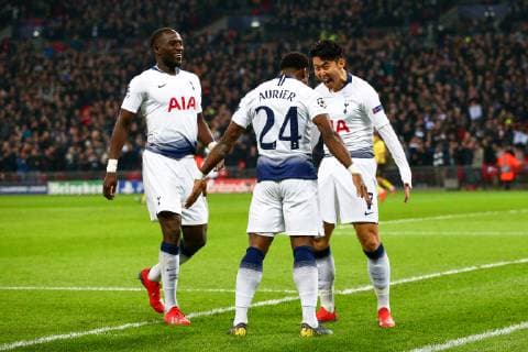 Heung-Min Son of Tottenham Hotspur celebrates with team mates after scoring the opening goal during the UEFA Champions League Round of 16 First Leg match at Wembley Stadium, London. Picture date: 13th February 2019. Picture credit should read: Craig Mercer Sportimage EDITORIAL USE ONLY. No use with unauthorised audio, video, data, fixture lists, club league logos or live services. Online in-match use limited to 120 images, no video emulation. No use in betting, games or single club league player publications. CM2_0286.JPG