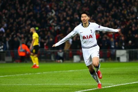 Heung-Min Son of Tottenham Hotspur celebrates scoring the opening goal during the UEFA Champions League Round of 16 First Leg match at Wembley Stadium, London. Picture date: 13th February 2019. Picture credit should read: Craig Mercer Sportimage EDITORIAL USE ONLY. No use with unauthorised audio, video, data, fixture lists, club league logos or live services. Online in-match use limited to 120 images, no video emulation. No use in betting, games or single club league player publications. CM2_0286.JPG