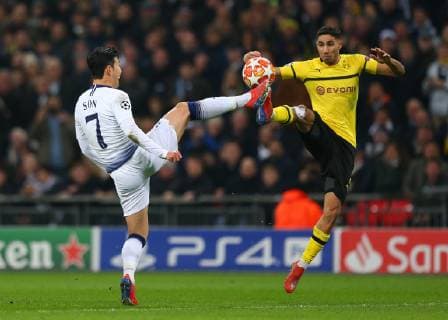 13th February 2019, Wembley Stadium, London England; UEFA Champions League football, Tottenham Hotspur versus Borussia Dortmund; Son Heung-Min of Tottenham Hotspur challenges Achraf Hakimi of Borussia Dortmund  ActionPlus12105201 JohnxPatrickxFletcher