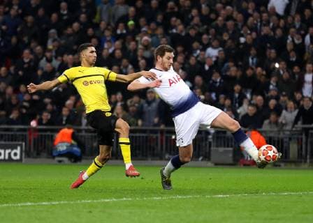 13th February 2019, Wembley Stadium, London England; UEFA Champions League football, Tottenham Hotspur versus Borussia Dortmund; Jan Vertonghen of Tottenham Hotspur shoots to score his sides 2nd goal in the 83rd minute to make it 2-0 past Achraf Hakimi of Borussia Dortmund  ActionPlus12105207 JohnxPatrickxFletcher
