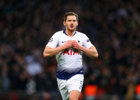13th February 2019, Wembley Stadium, London England; UEFA Champions League football, Tottenham Hotspur versus Borussia Dortmund; Jan Vertonghen of Tottenham Hotspur celebrates after scoring his sides 2nd goal in the 83rd minute to make it 2-0  ActionPlus12105208 JohnxPatrickxFletcher