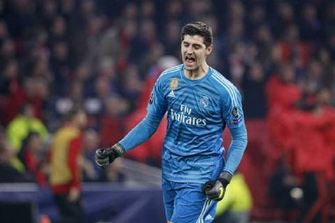 AMSTERDAM, Ajax - Real Madrid, football, Champions League Season 2018 2019, 13-02-2019, Johan Cruijff Arena. Real Madrid goalkeeper Thibaut Courtois celebrating the 1-2 during the game Ajax - Real Madrid. Ajax - Real Madrid  x2820974x