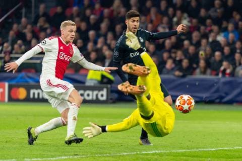 Amsterdam Netherlands 13 02 2019 UEFA Champions League 2018 19 Season Quarterfinal Ajax Amsterdam Real Madrid Goal to 1 2 by Marco Asensio Real Madrid Donny van de Beek Ajax Amsterdam Marco Asensio Real Madrid and Kasper Dolberg Ajax Amsterdam in the duel battle for the ball DeFodi001
