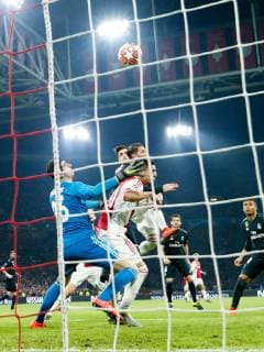 Real Madrid goalkeeper Thibaut Courtois,Nico Tagliafico of Ajax, Sergio Ramos of Real Madrid, Luka Modric of Real Madrid during the UEFA Champions League round of 16 match Ajax Amsterdam and Real Madrid at the Johan Cruijff Arena on February 13, 2019 in Amsterdam, The Netherlands UEFA Champions League 2018 2019 xVIxVIxImagesx xTomxBodexMultimediaxIVx 13621119