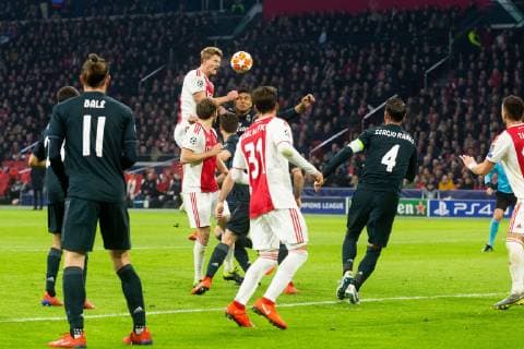 Gareth Bale of Real Madrid, Matthijs de Ligt of Ajax, Daley Blind of Ajax, Casemiro of Real Madrid, Nico Tagliafico of Ajax, Sergio Ramos of Real Madrid, Dusan Tadic of Ajax during the UEFA Champions League round of 16 match Ajax Amsterdam and Real Madrid at the Johan Cruijff Arena on February 13, 2019 in Amsterdam, The Netherlands UEFA Champions League 2018 2019 xVIxVIxImagesx xTomxBodexMultimediaxIVx 13621136
