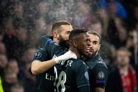 Karim Benzema of Real Madrid, Vinicius Junior of Real Madrid, Daniel Carvajal of Real Madrid during the UEFA Champions League round of 16 match Ajax Amsterdam and Real Madrid at the Johan Cruijff Arena on February 13, 2019 in Amsterdam, The Netherlands UEFA Champions League 2018 2019 xVIxVIxImagesx xTomxBodexMultimediaxIVx 13621467