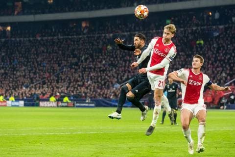 Sergio Ramos of Real Madrid, Frenkie de Jong of Ajax, Matthijs de Ligt of Ajax during the UEFA Champions League round of 16 match Ajax Amsterdam and Real Madrid at the Johan Cruijff Arena on February 13, 2019 in Amsterdam, The Netherlands UEFA Champions League 2018 2019 xVIxVIxImagesx xTomxBodexMultimediaxIVx 13621485