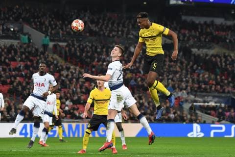 Tottenham Hotspur v Borussia Dortmund UEFA Champions League Dan-Axel Zagadou of Borussia Dortmund heads on goal during the UEFA Champions League match at Wembley Stadium, London Content Not Available For UK Newspapers Copyright: xMartynxHaworthx FIL-12886-0101