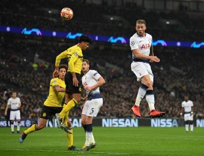 Tottenham Hotspur v Borussia Dortmund UEFA Champions League Toby Alderweireld of Tottenham Hotspur heads on goal during the UEFA Champions League match at Wembley Stadium, London Content Not Available For UK Newspapers Copyright: xMartynxHaworthx FIL-12886-0110